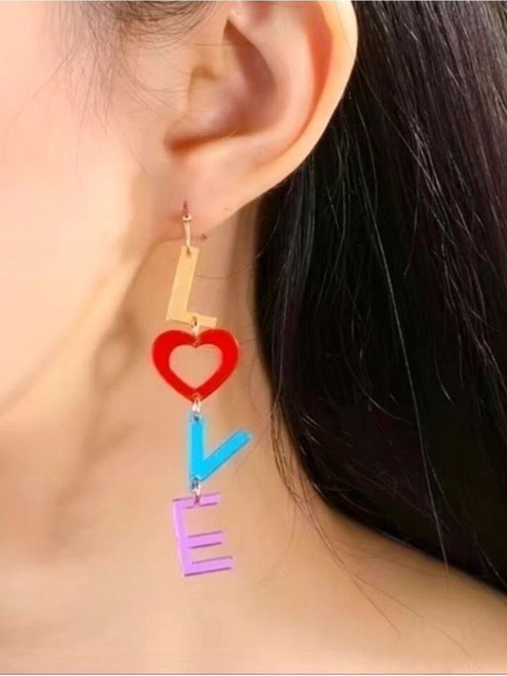 ACRYLIC LOVE Multicolor Shiny Letter Drop Dangle Pierced Earrings - Picture 5 of 5